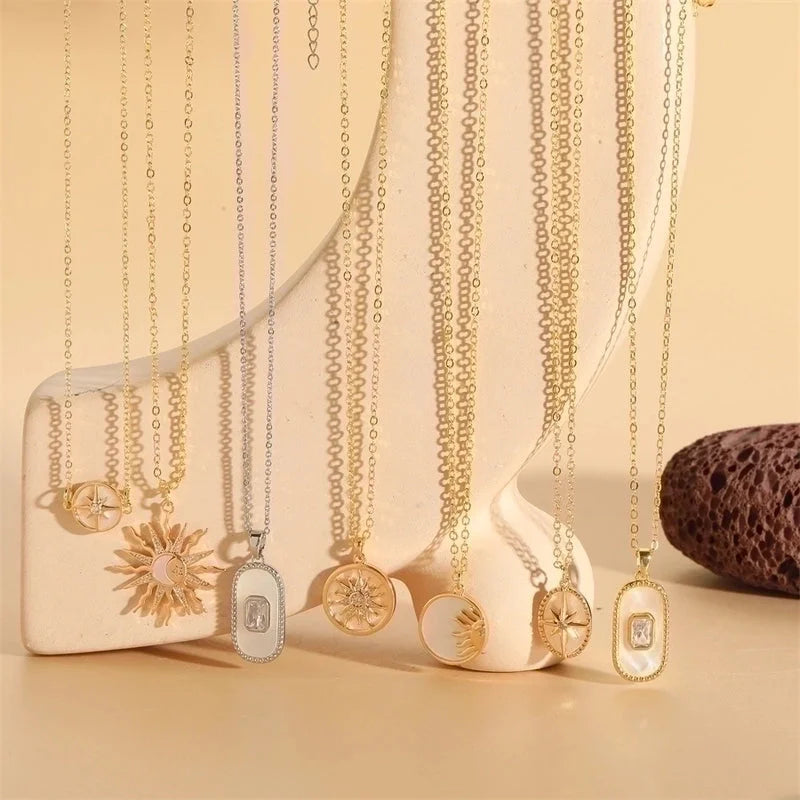 Cute Minimalist Hexagram Sun Copper Plating Inlay Shell Zircon 14k Gold Plated White Gold Plated Pendant Necklace