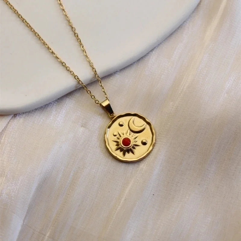 304 Stainless Steel 18K Gold Plated Minimalist Plating Inlay Sun Water Droplets Eye Natural Stone Pendant Necklace