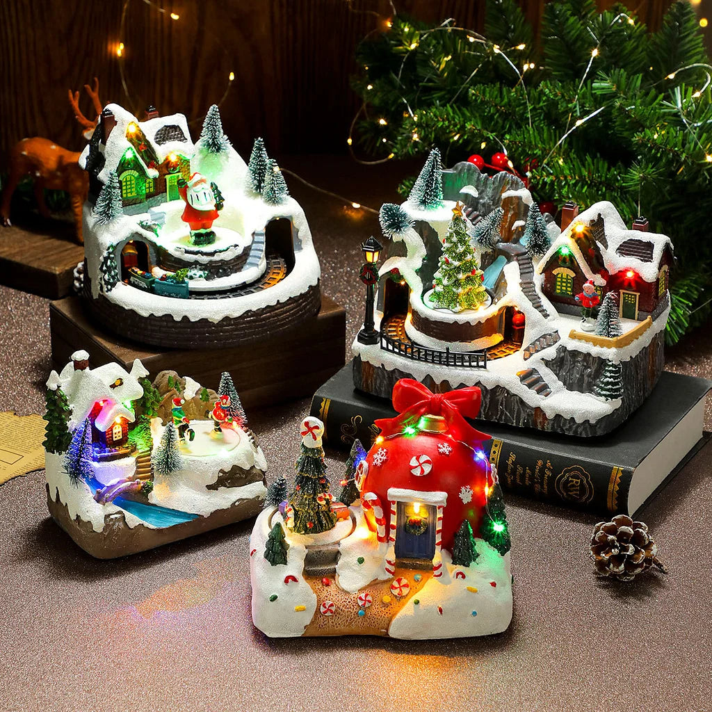 Multiple Christmas Rotating Resin Glowing Music Box Ornaments Rotating Small Train Christmas Gift