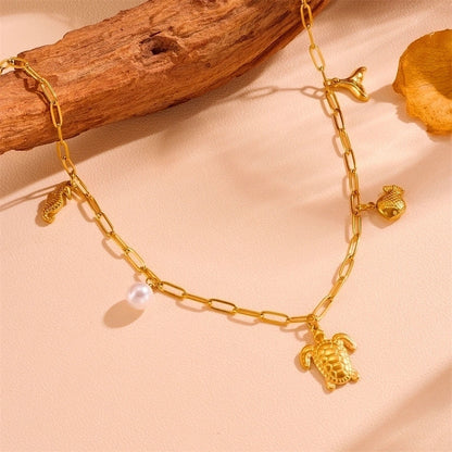 Cute Sweet Star Bow Knot Shell Titanium Steel Pearl 18K Gold Plated Hollow Out Inlay Pendant Necklace