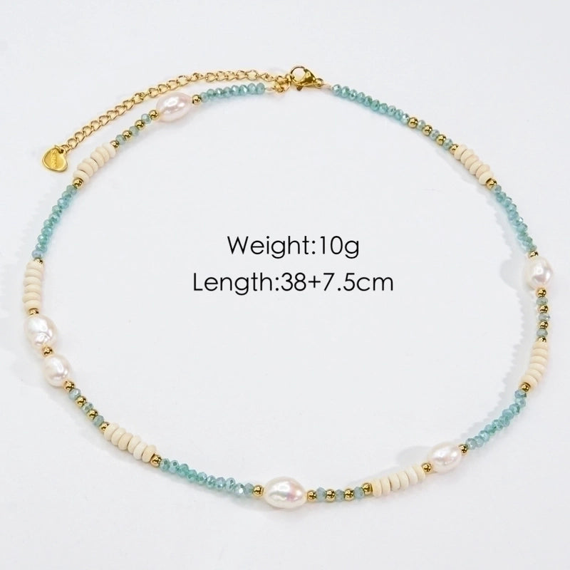 2 Pieces Casual Vacation Round Stainless Steel Beaded Freshwater Pearl Beaded Plating Necklace