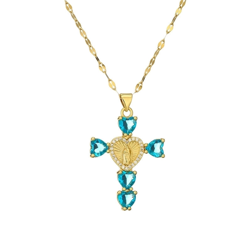 Minimalist Commute Human Cross Heart Shape Titanium Steel Copper Zircon Plating Inlay Pendant Necklace