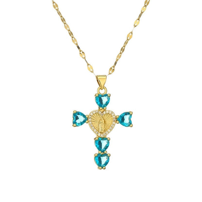 Minimalist Commute Human Cross Heart Shape Titanium Steel Copper Zircon Plating Inlay Pendant Necklace