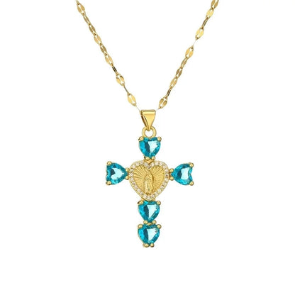 Minimalist Commute Human Cross Heart Shape Titanium Steel Copper Zircon Plating Inlay Pendant Necklace