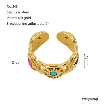 304 Stainless Steel 18K Gold Plated Minimalist Plating Inlay Round Natural Stone Open Rings