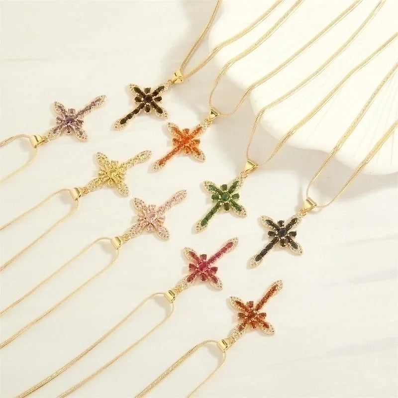 Minimalist Cross Copper 18k Gold Plated Zircon Pendant Necklace In Bulk