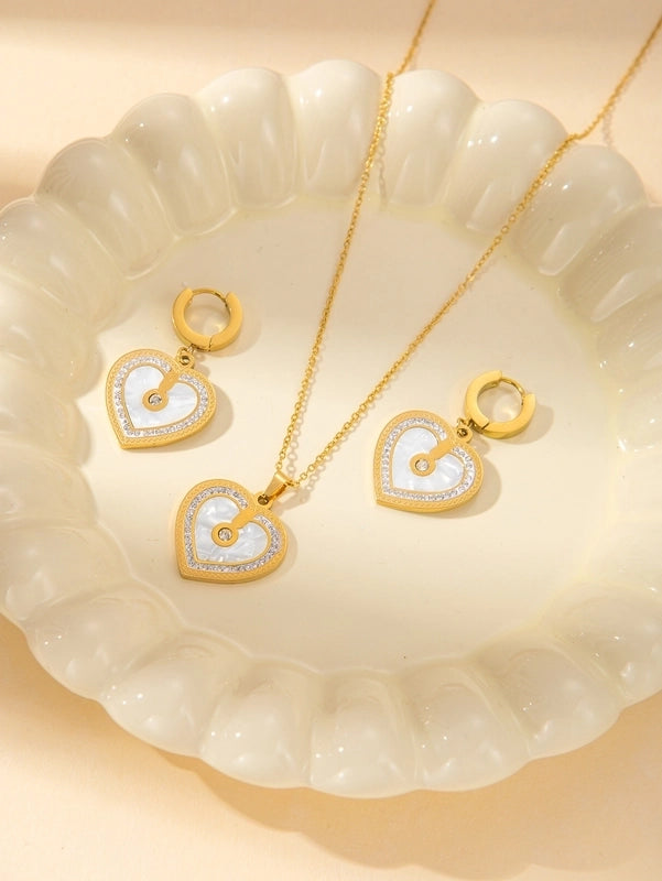 IG Style Minimalist Heart Shape Titanium Steel Shell Zircon Inlay Earrings Necklace