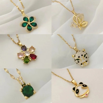 201 Stainless Steel Gold Plated Panda Jaguar Flower Large Diamond Glass Zircon Pendant Necklace