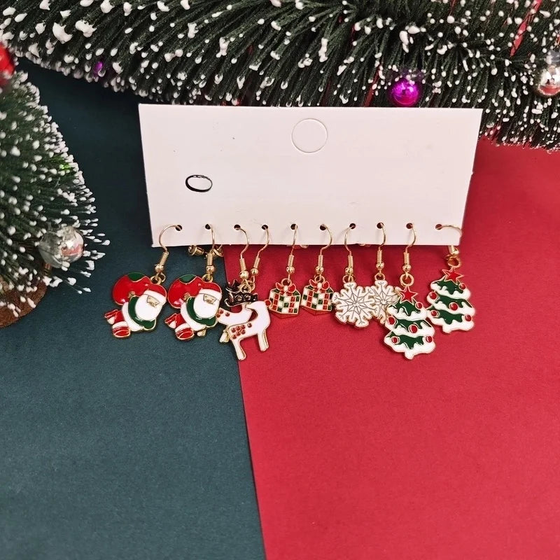 1 Set Cute Santa Claus Snowman Elk Enamel Inlay Alloy Rhinestones Drop Earrings