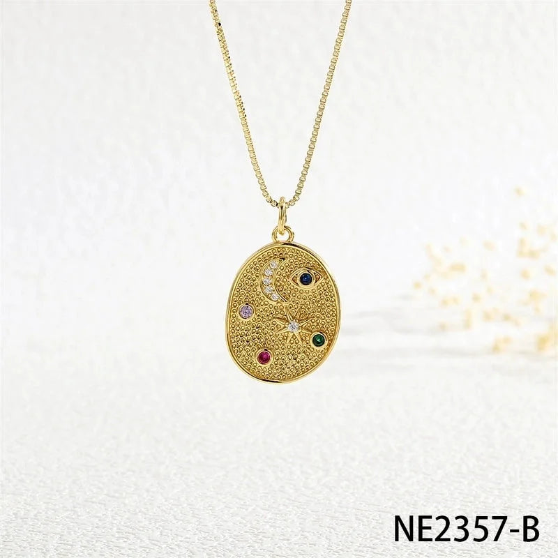 Copper Box Chain Inlay Star Moon Zircon Pendant Necklace