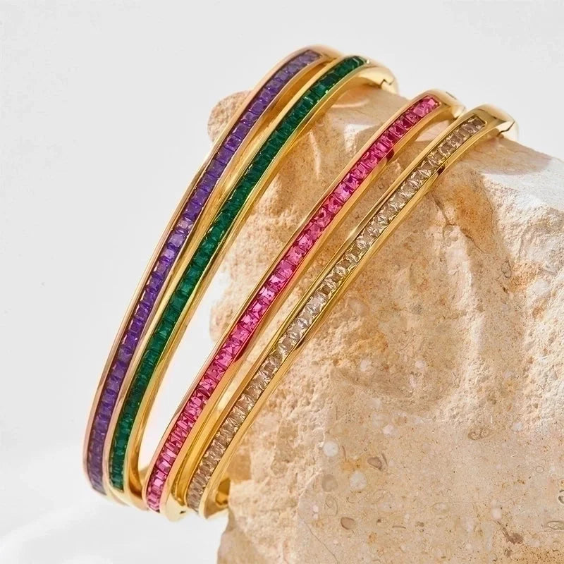 3 Pieces Classic Style Solid Color 304 Stainless Steel 16K Gold Plated White Gold Plated Gold Plated Artificial Gemstones Bangle In Bulk