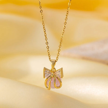 Titanium Steel Copper Plating Heart Shape Flower Bow Knot Pendant Necklace