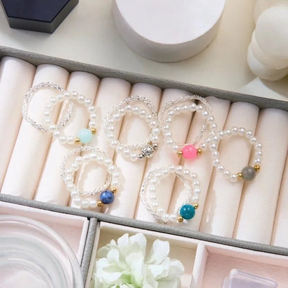 Fairy Style Sweet Shiny Round Imitation Pearl Synthetic Resin Beaded Rings