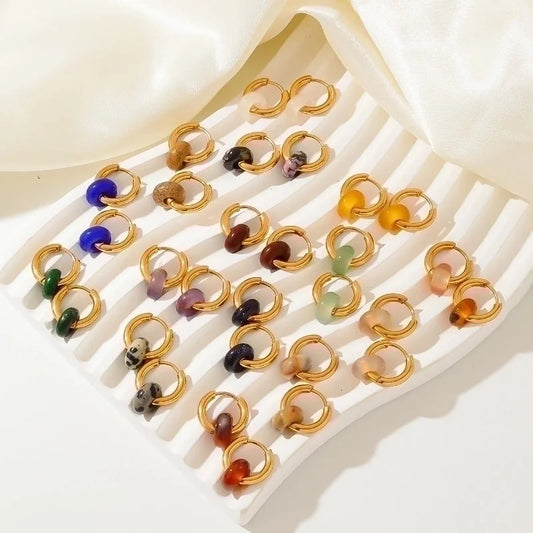 1 Pair Retro Minimalist Round Plating 304 Stainless Steel Natural Stone K Gold Plated Hoop Earrings