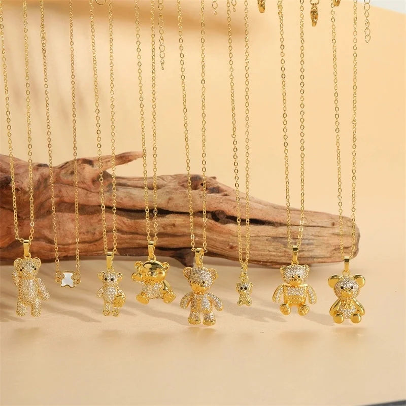 Vintage Style Minimalist Little Bear Stainless Steel Copper 14k Gold Plated Zircon Pendant Necklace In Bulk