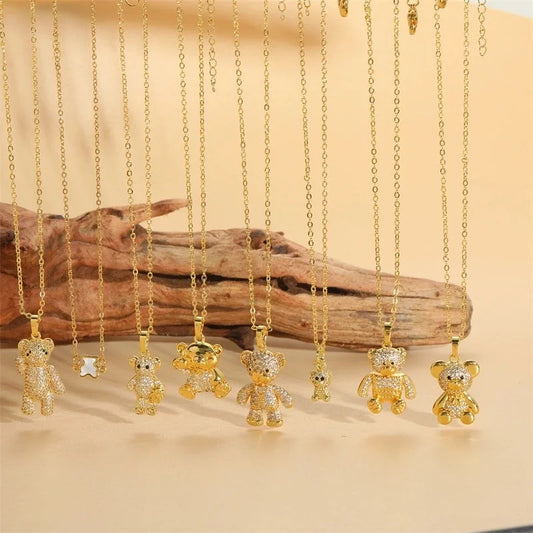 Vintage Style Minimalist Little Bear Stainless Steel Copper 14k Gold Plated Zircon Pendant Necklace In Bulk