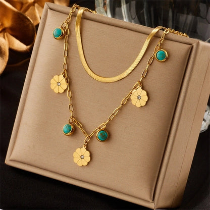 Lady Star Moon Floral Titanium Steel Plating Necklace