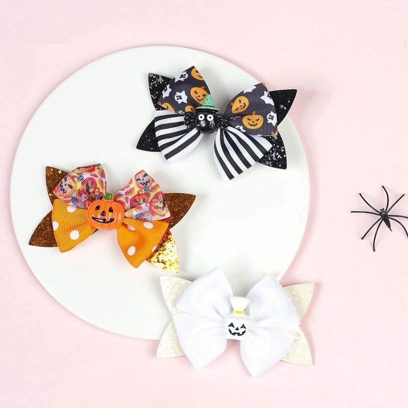 Funny Kid'S Halloween Pattern Pumpkin Bat Ribbon Sequins Bowknot Hair Clip