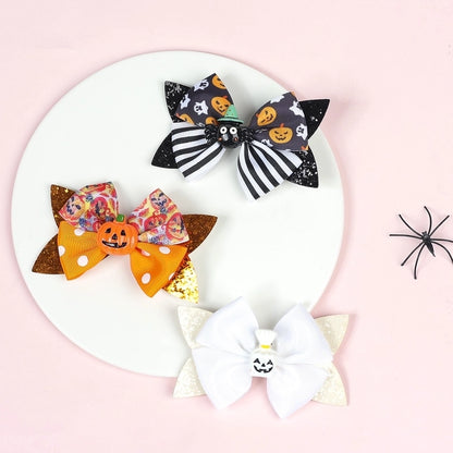 Funny Kid'S Halloween Pattern Pumpkin Bat Ribbon Sequins Bowknot Hair Clip