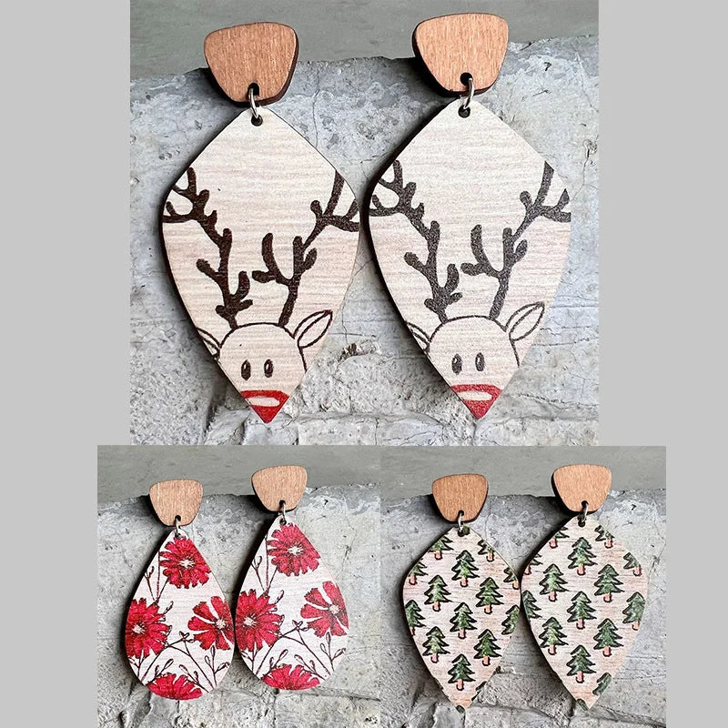 2 Pairs Bohemian Retro Wooden Texture Forest Style Natural Geometric Earrings Christmas Reindeer Cute Plant Earrings