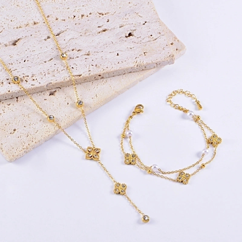 Elegant Four Leaf Clover 304 Stainless Steel Rhinestones Gold Plated Pearl Plating Inlay Bracelets Necklace Jewelry Set