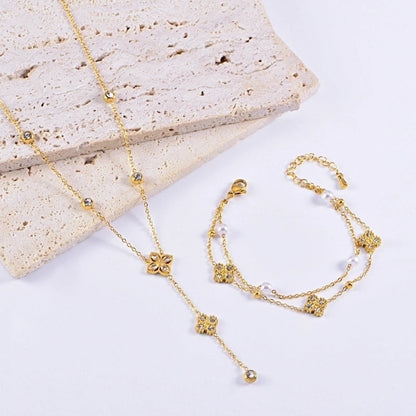 Elegant Four Leaf Clover 304 Stainless Steel Rhinestones Gold Plated Pearl Plating Inlay Bracelets Necklace Jewelry Set