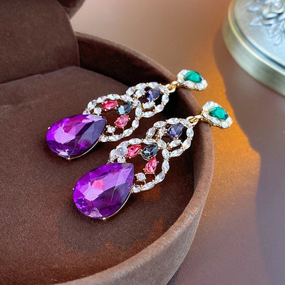 1 Pair Retro Color Block Heart Shape Pleated Inlay Copper Rhinestones Drop Earrings