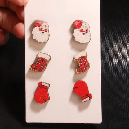 1 Set Cute Minimalist Christmas Tree Santa Claus Sock Printing Wood Ear Studs