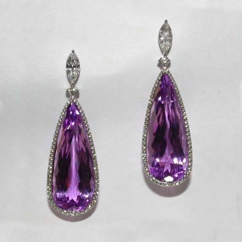 Classic Water Micro-set Purple Zircon Contrast Color Long Copper Earrings