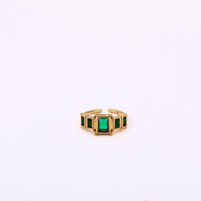 Classic Style Rectangle 304 Stainless Steel Zircon 18K Gold Plated Inlay Open Rings