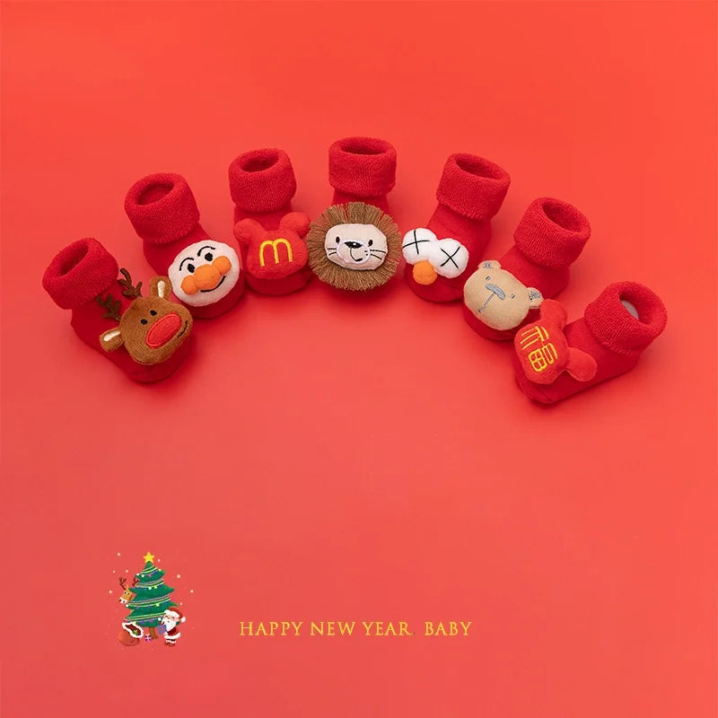 New Newborn Baby Socks Autumn And Winter A Cotton Red Terry Fleece-lined Thickened Non-slip Baby Christmas Floor Socks 1