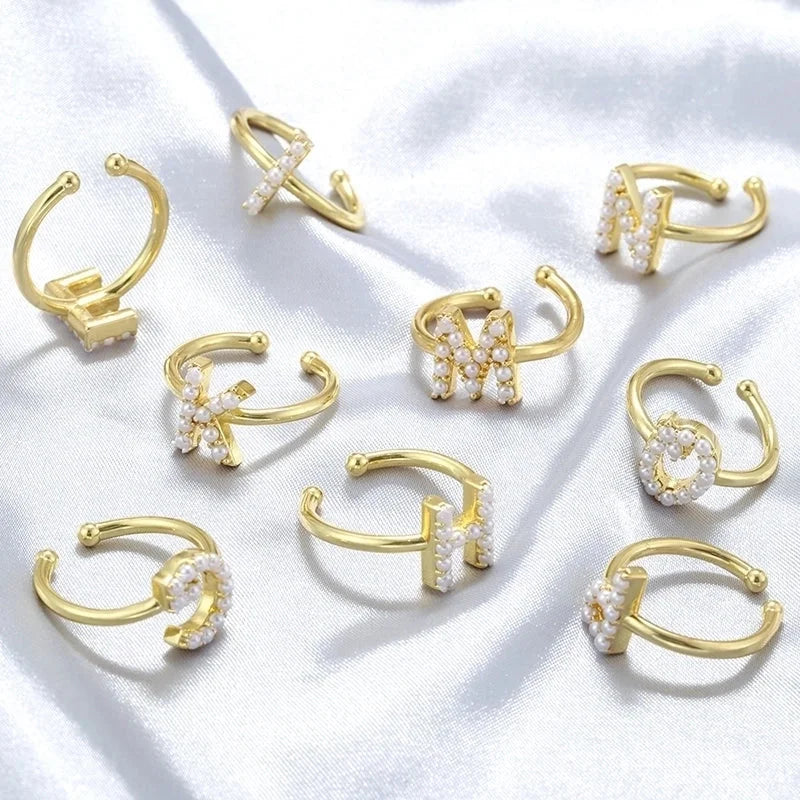 Copper 18K Gold Plated Plating Inlay Letter Artificial Pearls Open Rings