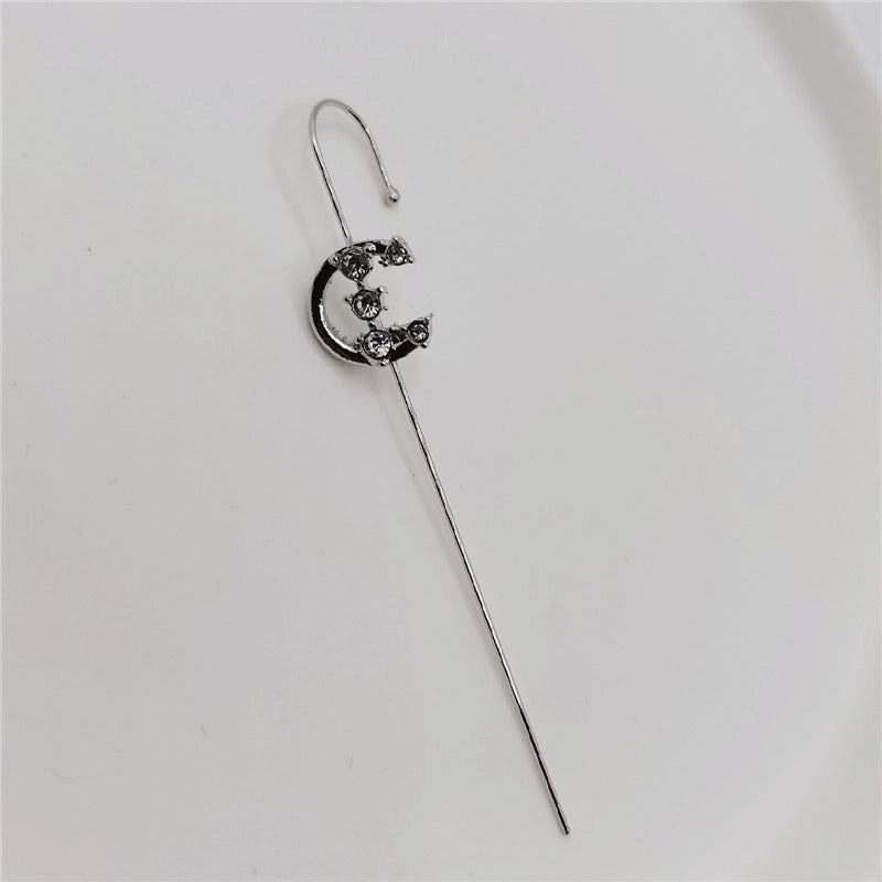 2 Pieces Trendy Zircon Ear Hook Piercing Ear Pin Female Net Red Personality Design Surrounding Ear Bone Clip Oblique Line Earrings