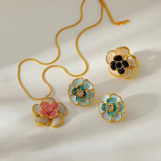 Mid-Ancient Ornament 18K Gold Diamond Oil-Spot Glaze Flowers Earrings Style Niche Design Earrings