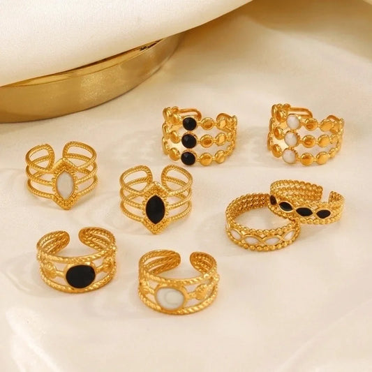 304 Stainless Steel 18K Gold Plated Minimalist Enamel Round Rhombus Open Rings