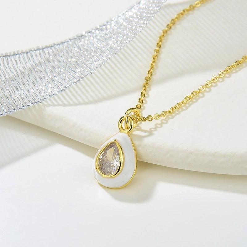 Copper Enamel Inlay Water Droplets Zircon Pendant Necklace