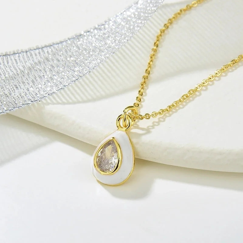 Copper Enamel Inlay Water Droplets Zircon Pendant Necklace