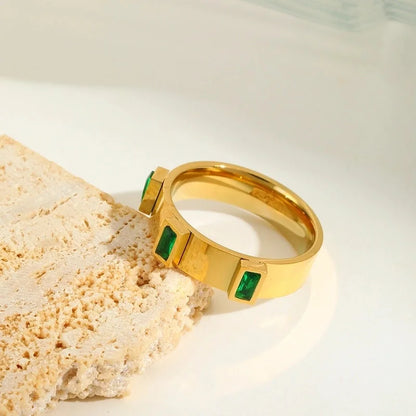 IG Style Basic Commute Solid Color 304 Stainless Steel Zircon 18K Gold Plated Plating Inlay Rings