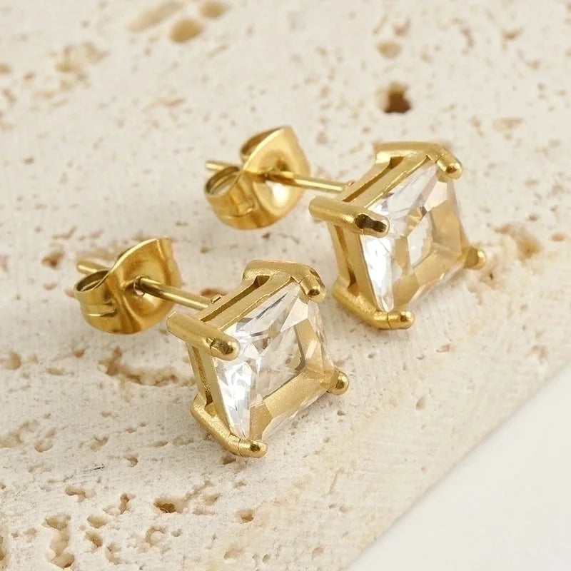 1 Pair Retro Square Inlaid Zircon 304 Stainless Steel Zircon 18K Gold Plated Stainless Steel Earrings