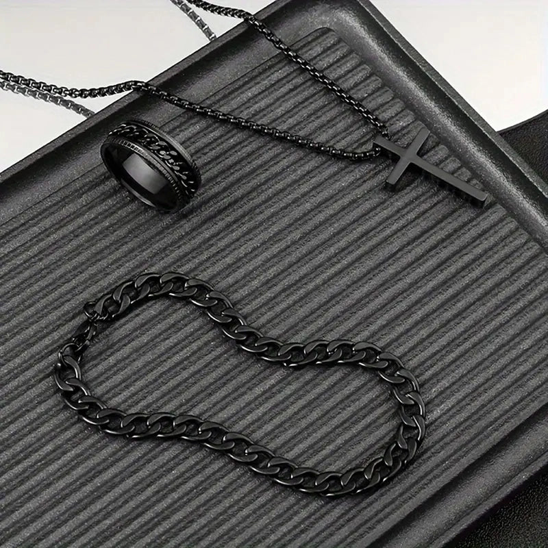 Tem Hot Hip Hop Cuban Chain Cross Necklace Bracelet Ring 3 Piece Set Suit In Stock