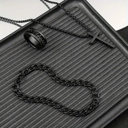 Tem Hot Hip Hop Cuban Chain Cross Necklace Bracelet Ring 3 Piece Set Suit In Stock