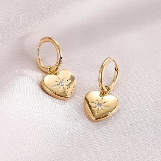 1 Pair Retro Heart Shape Inlay 304 Stainless Steel Zircon Gold Plated Drop Earrings