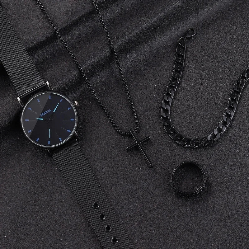 Tem Hot Hip Hop Cuban Chain Cross Necklace Bracelet Ring 3 Piece Set Suit In Stock