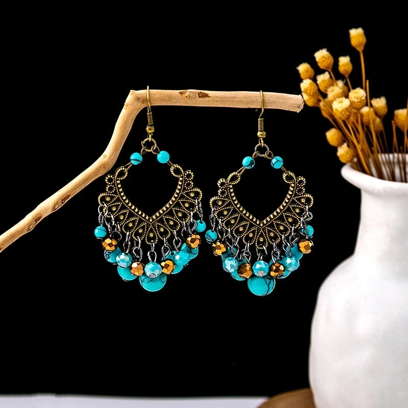 Bohemian Blue Turquoise National Style Earrings Imitation Miao Silver Metal Earrings Vintage Tassel Earrings