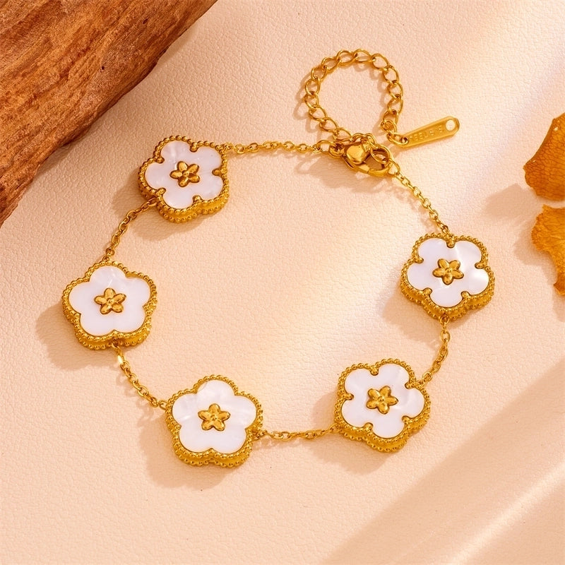 Sweet Minimalist Flower Titanium Steel Artificial Gemstones Turquoise Shell Inlay Jewelry Set