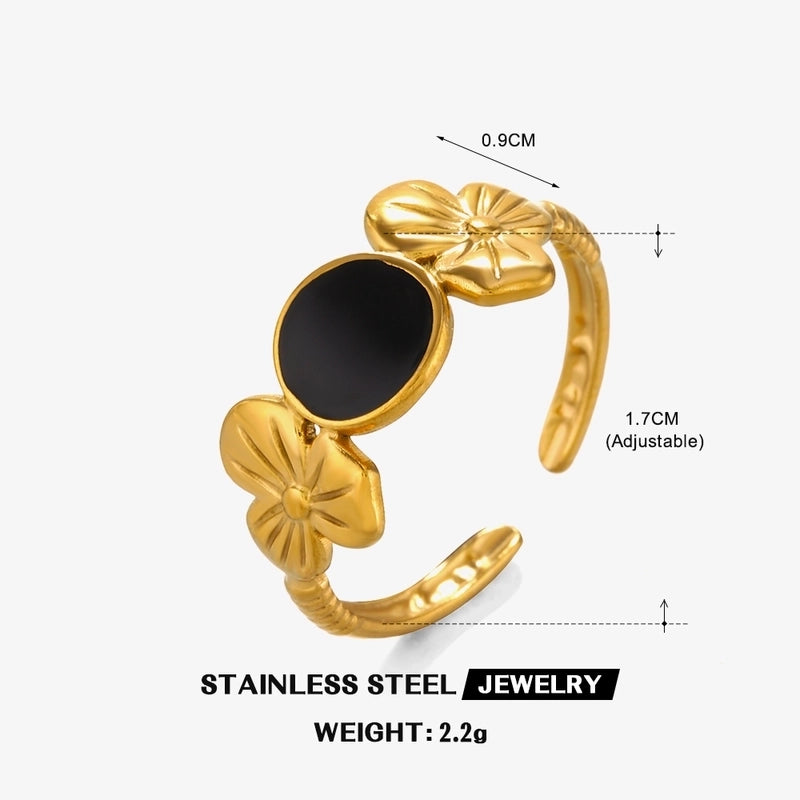 304 Stainless Steel 18K Gold Plated Minimalist Enamel Flower Open Rings