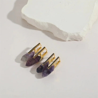 1 Pair Elegant Minimalist Commute Irregular Inlay Natural Stone Copper Zircon 14K Gold Plated Earrings