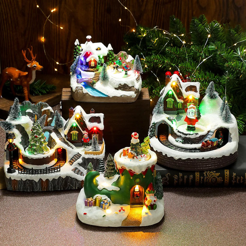 Multiple Christmas Rotating Resin Glowing Music Box Ornaments Rotating Small Train Christmas Gift