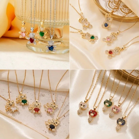 304 Stainless Steel Copper Rhodium Plated Inlay Bear Heart Shape Glass Zircon Pendant Necklace