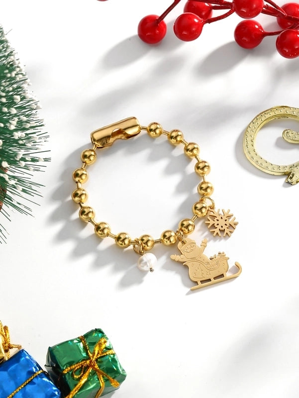 Casual Elegant Lady Santa Claus 304 Stainless Steel Freshwater Pearl 24K Gold Plated Freshwater Pearl Beaded Chain Bracelets In Bulk Christmas